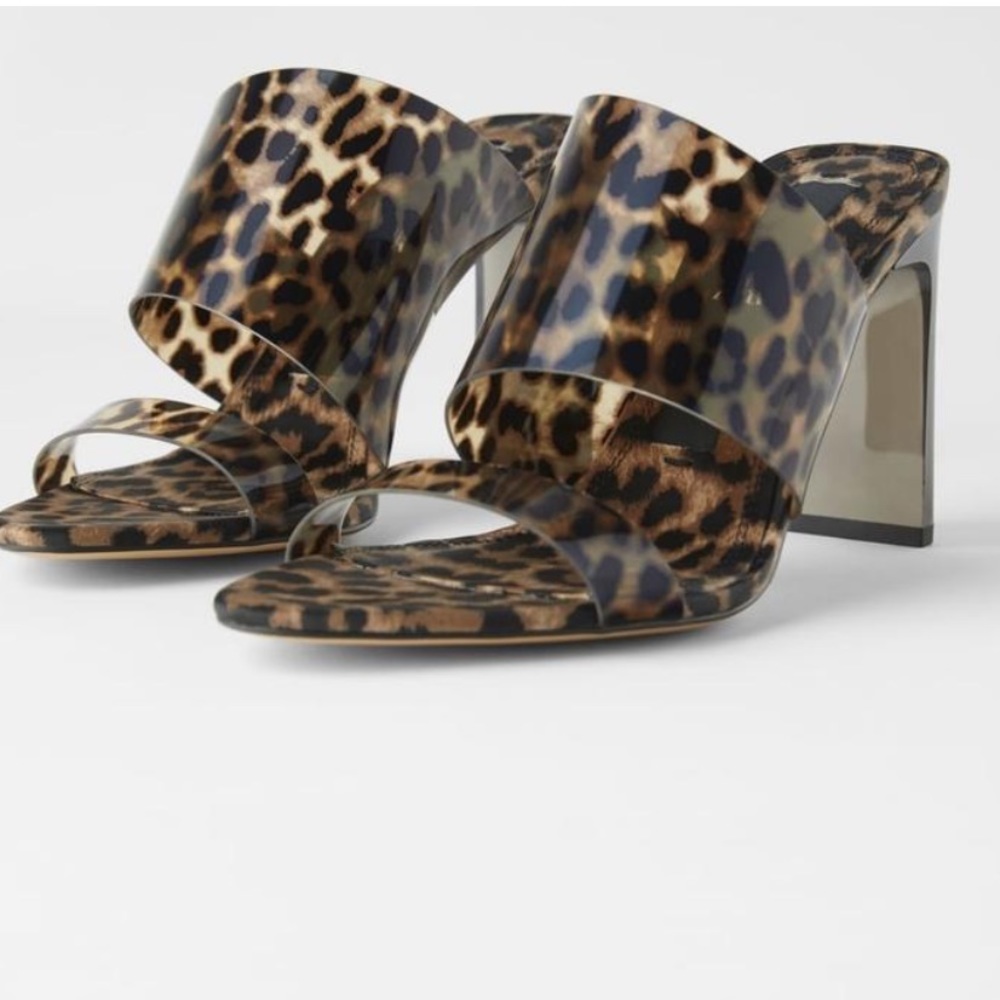 Zara Leopard Cheetah Animal Print Vinyl Heeled Mule